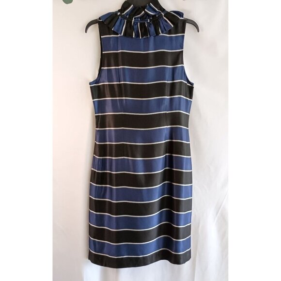 Banana Republic Blue Black Satin Ruffle Neck Sleeveless Dress Size 8 Lined - Picture 8 of 10